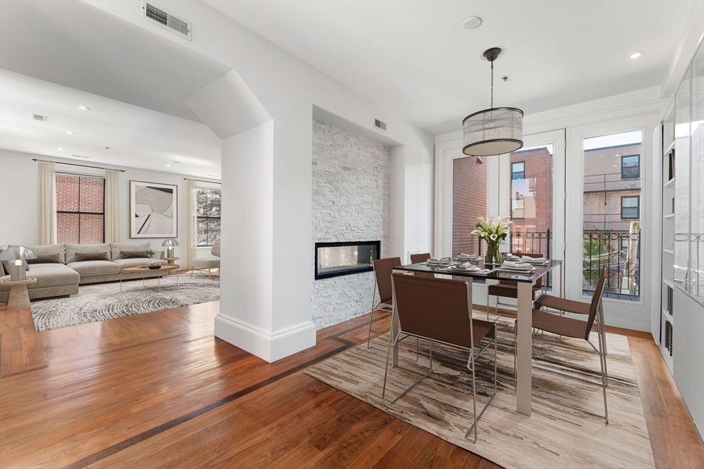 Dining room, Fireplace, Interior, Living room, Pendant Lights, Recessed Lighting, Wood Texture Flooring