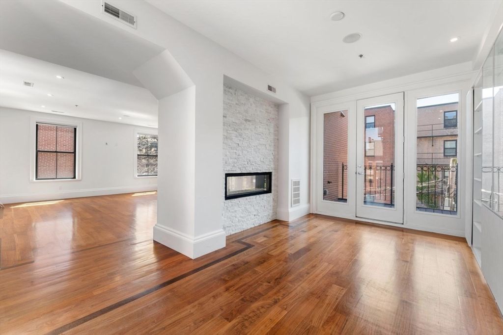 Empty room, Fireplace, Interior, Recessed Lighting, Wood Texture Flooring