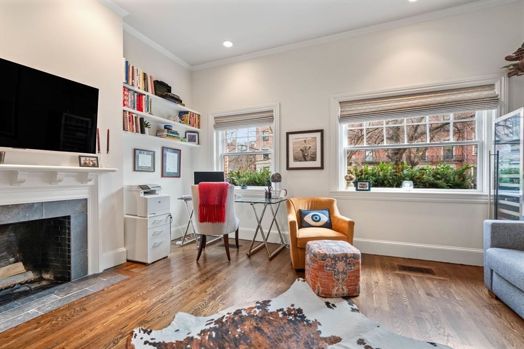 Fireplace, Home Office, Interior, Recessed Lighting, Wood Texture Flooring