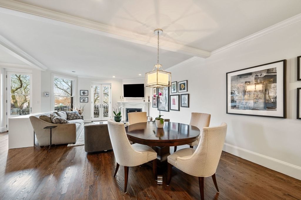 Dining room, Fireplace, Interior, Living room, Pendant Lights, Recessed Lighting, Wood Texture Flooring