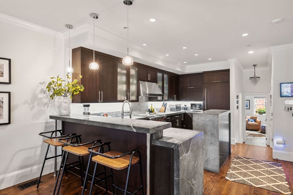 Interior, Kitchen, Pendant Lights, Recessed Lighting, Stainless Steel Appliances, Wood Texture Flooring