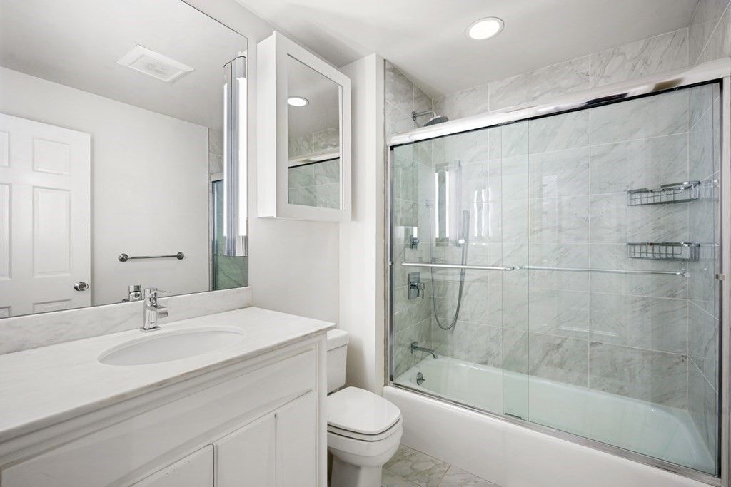 Bathroom, Glass Shower, Interior, Marble Walls, Recessed Lighting