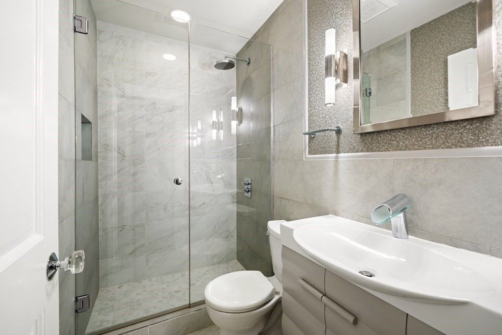 Bathroom, Glass Shower, Interior, Marble Walls, Recessed Lighting