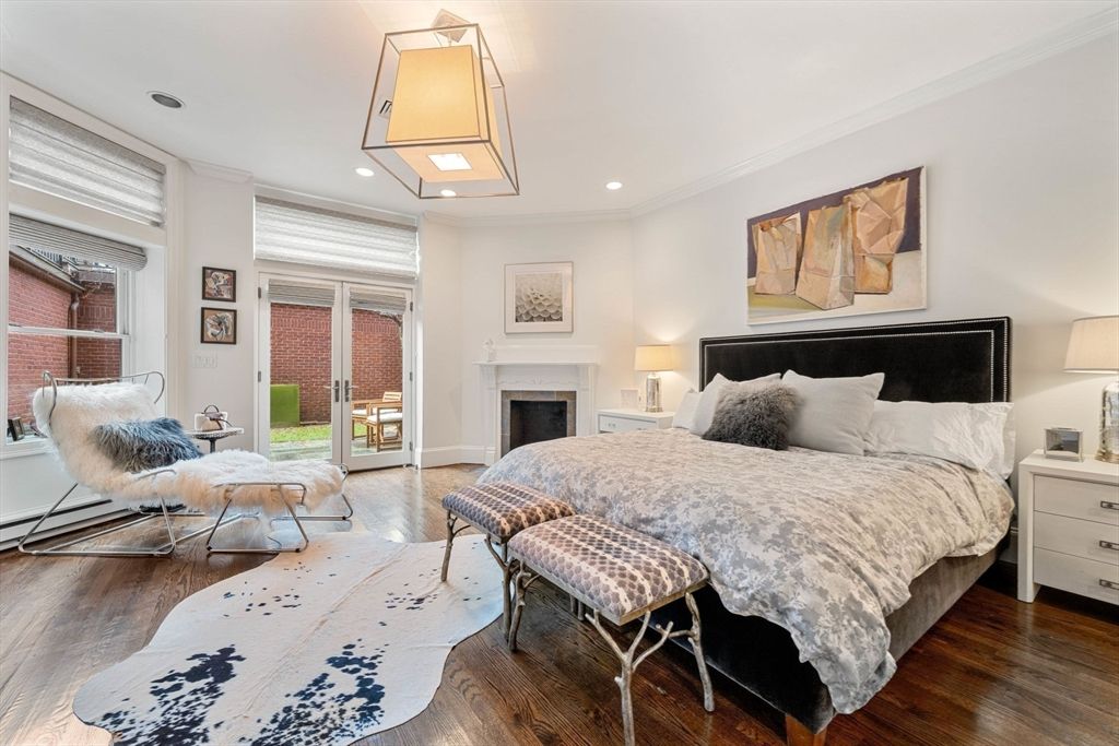 Bedroom, Fireplace, Interior, Recessed Lighting, Wood Texture Flooring