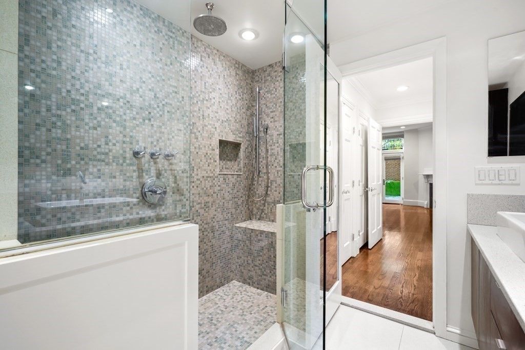 Bathroom, Glass Shower, Interior, Recessed Lighting, Wood Texture Flooring