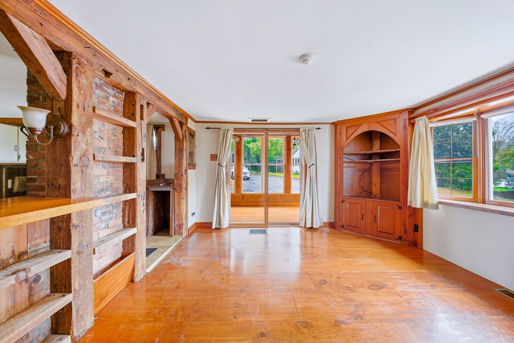 Empty room, Fireplace, Interior, Stone Walls, Wood Texture Flooring