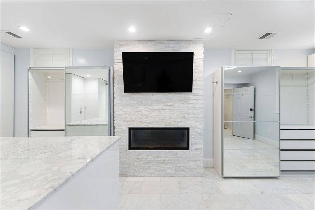 Bathroom, Fireplace, Glass Shower, Interior, Marble, Recessed Lighting