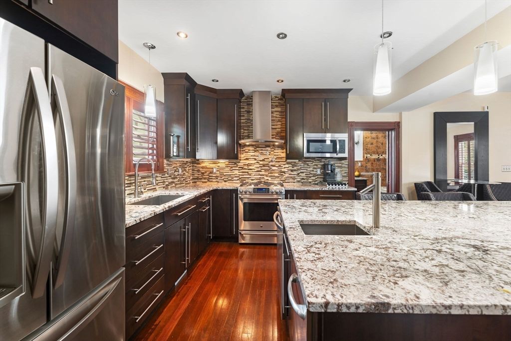 Interior, Kitchen, Pendant Lights, Recessed Lighting, Stainless Steel Appliances, Wood Texture Flooring
