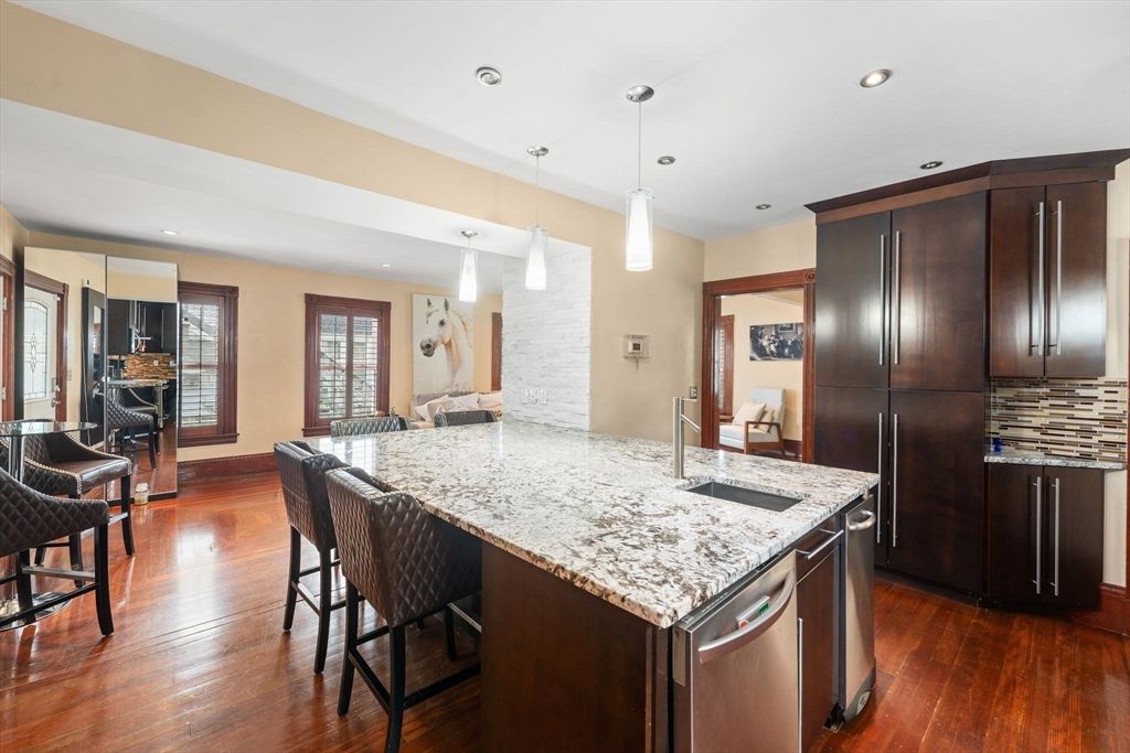 Interior, Kitchen, Pendant Lights, Recessed Lighting, Wood Texture Flooring