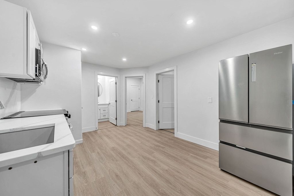 Interior, Kitchen, Recessed Lighting, Stainless Steel Appliances, Wood Texture Flooring