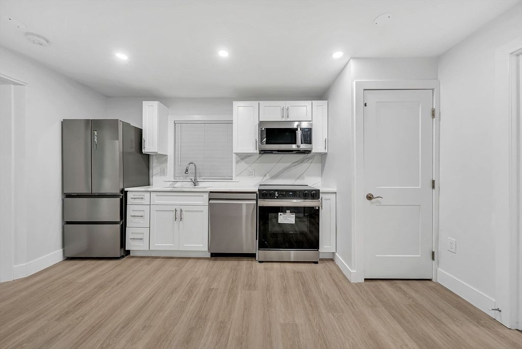 Interior, Kitchen, Recessed Lighting, Stainless Steel Appliances, Wood Texture Flooring