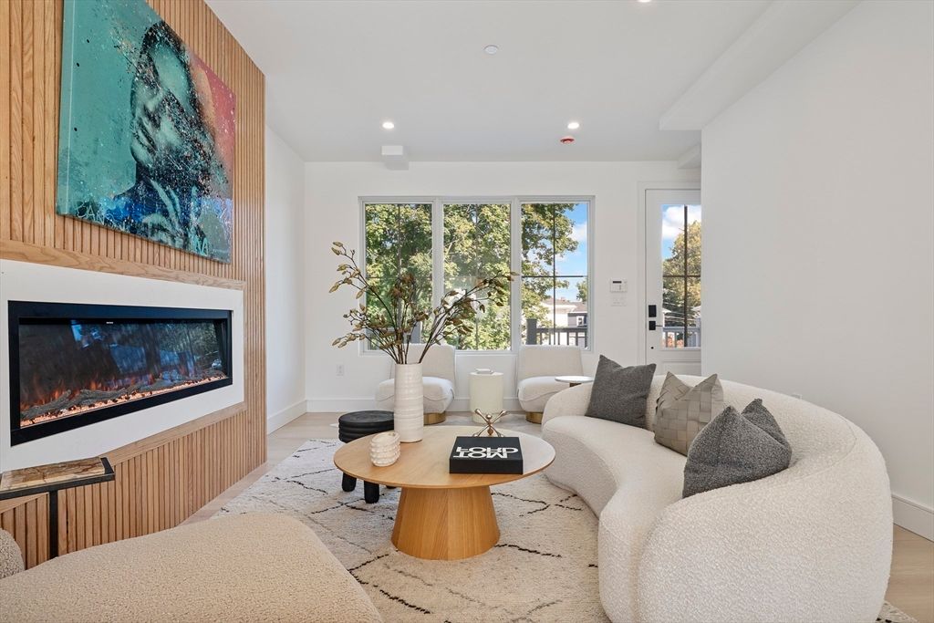 Fireplace, Interior, Living room, Recessed Lighting, Wood Texture Flooring