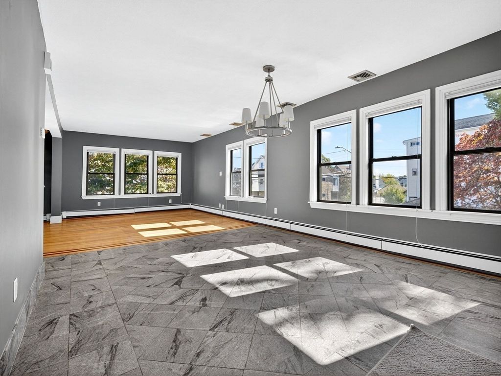 Empty room, Interior, Marble, Pendant Lights, Wood Texture Flooring