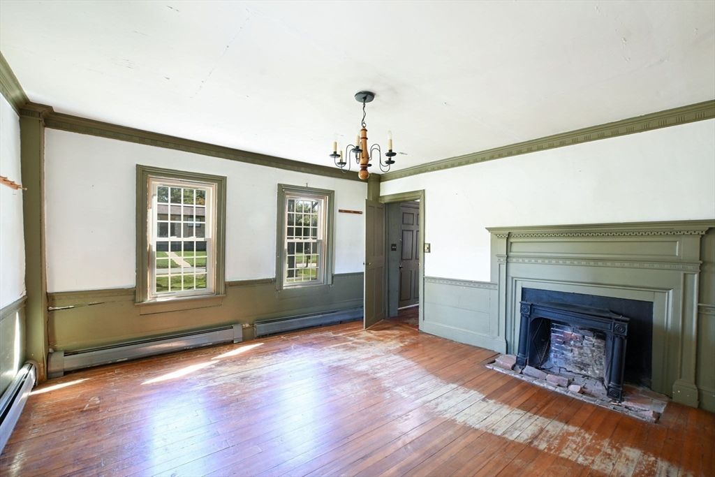 Empty room, Fireplace, Interior, Pendant Lights, Wood Texture Flooring
