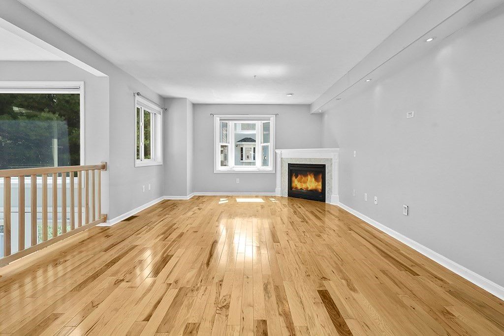 Empty room, Fireplace, Interior, Recessed Lighting, Wood Texture Flooring
