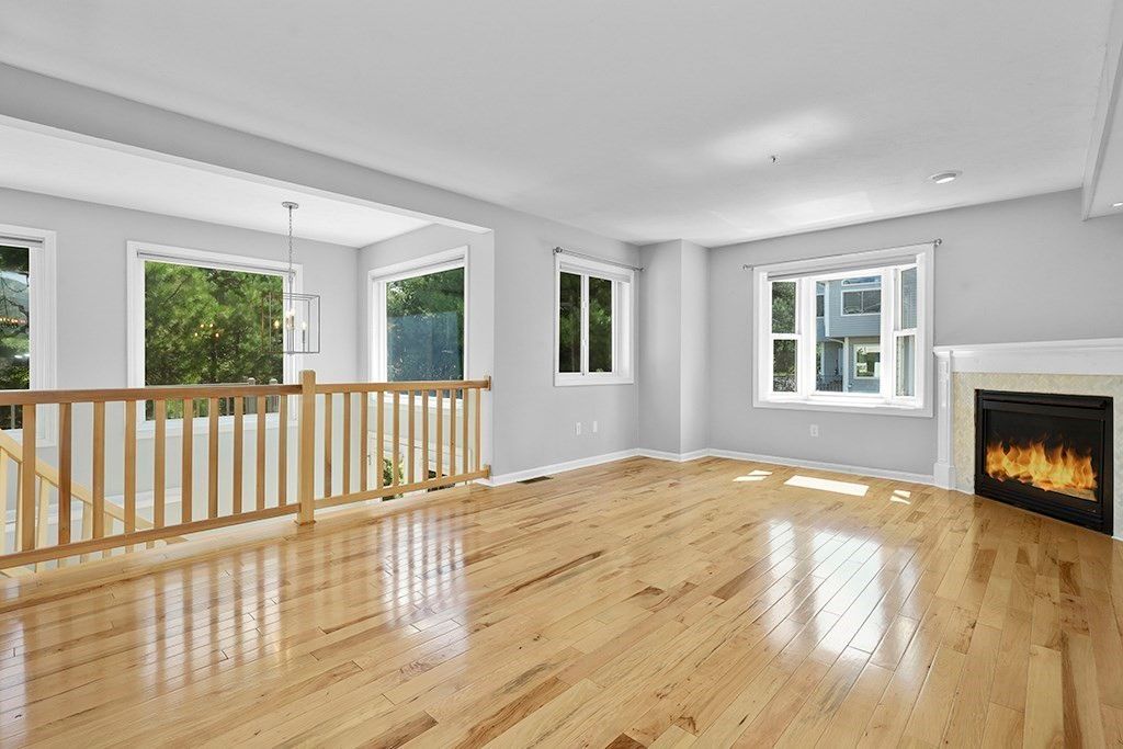 Empty room, Fireplace, Interior, Pendant Lights, Recessed Lighting, Wood Texture Flooring