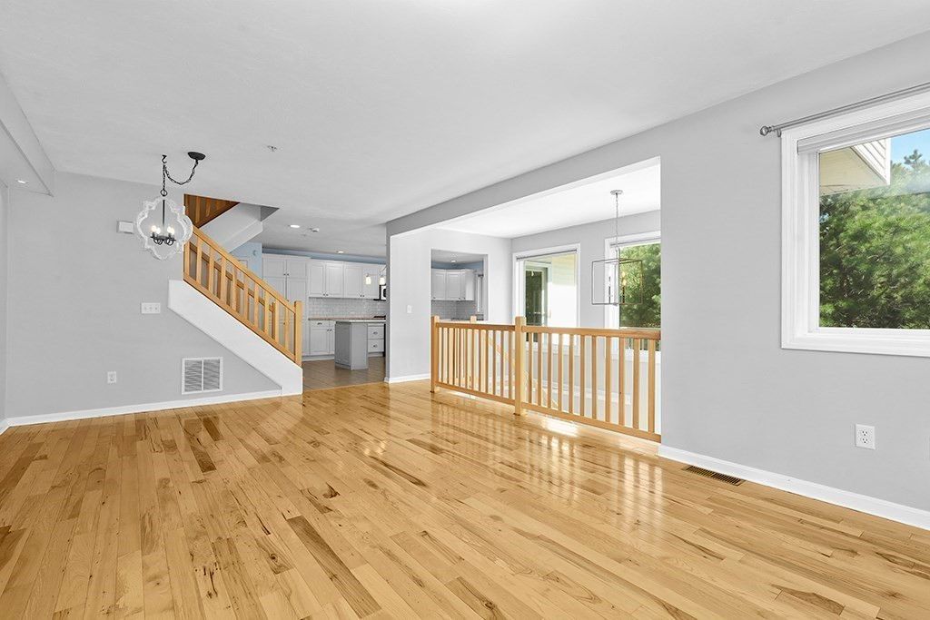 Empty room, Interior, Kitchen, Pendant Lights, Recessed Lighting, Wood Texture Flooring