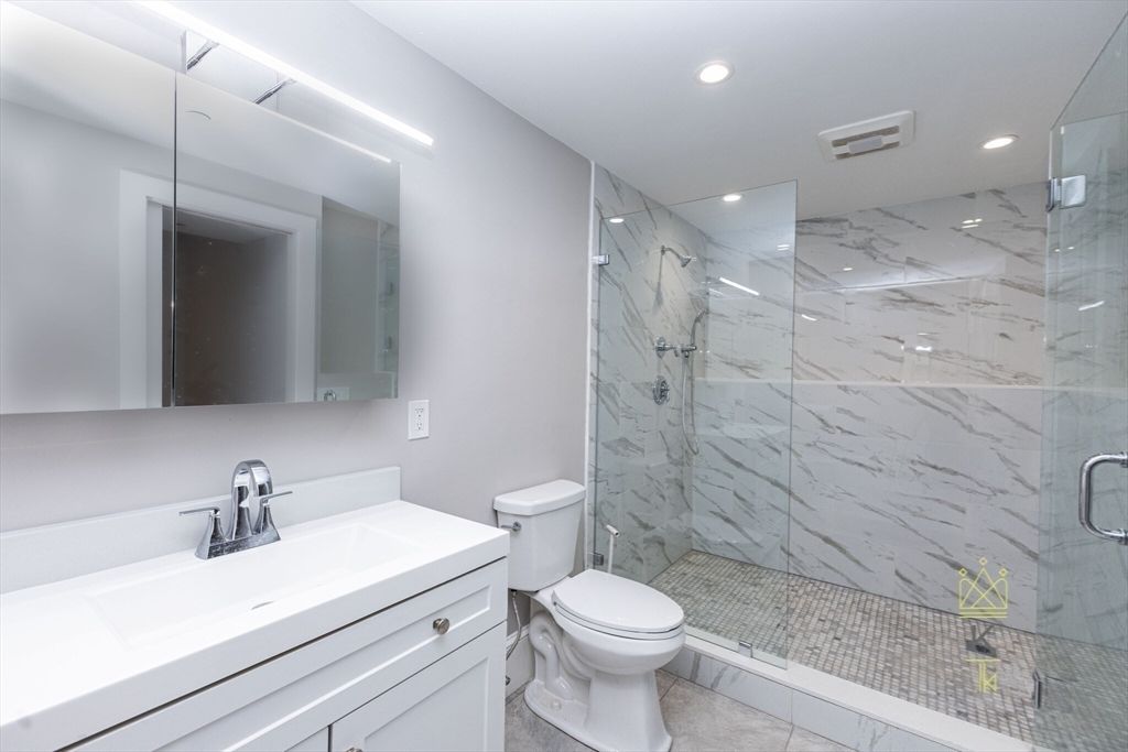 Bathroom, Glass Shower, Interior, Marble, Marble Walls, Recessed Lighting