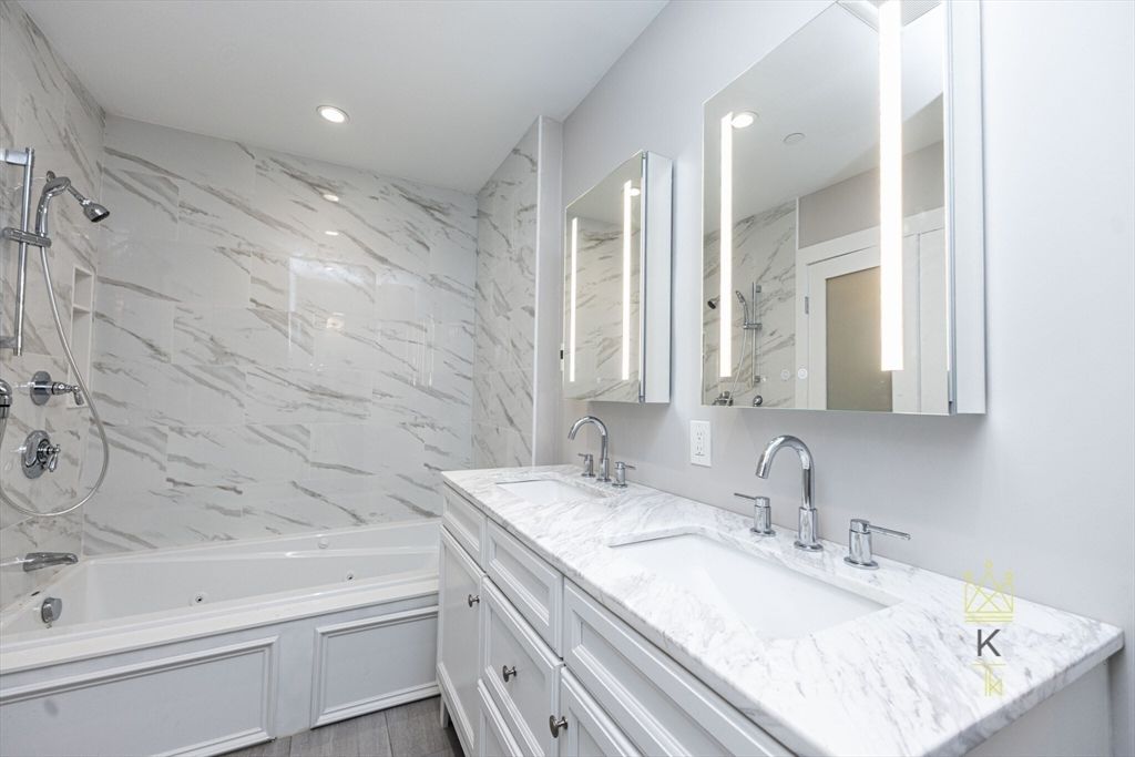 Bathroom, Dual Sink Vanities, Interior, Marble Walls, Recessed Lighting