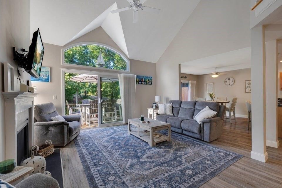 Dining room, Fireplace, Interior, Living room, Wood Texture Flooring