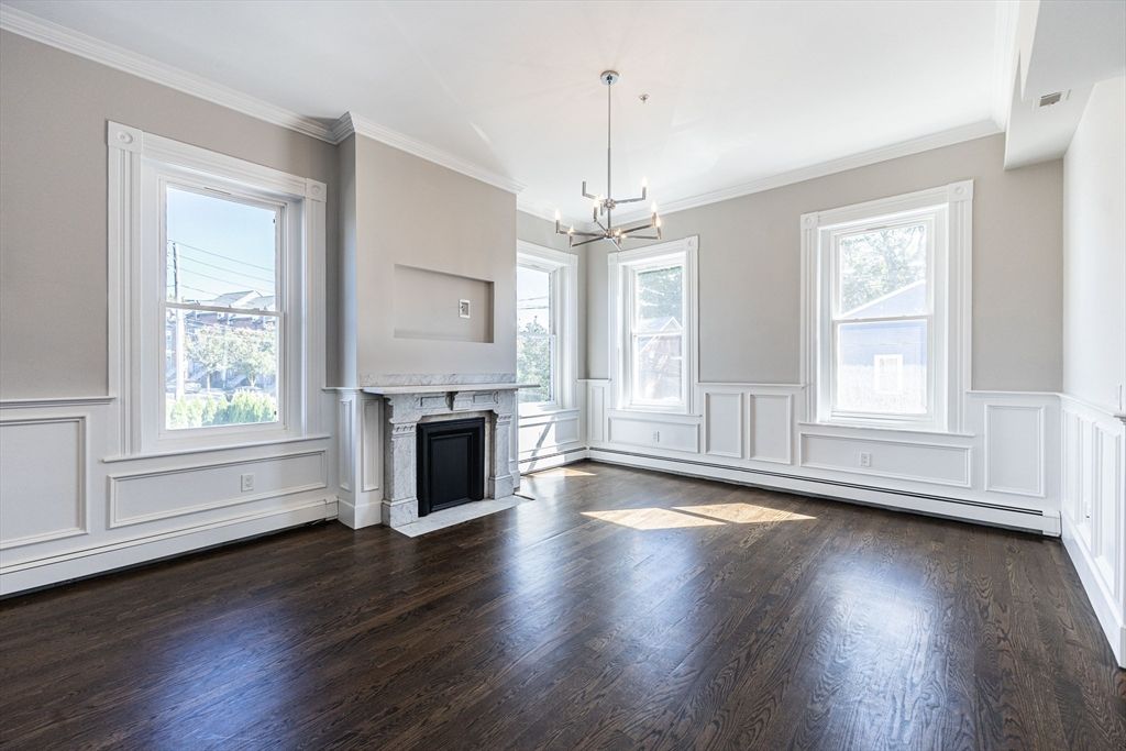 Empty room, Fireplace, Interior, Pendant Lights, Wood Texture Flooring