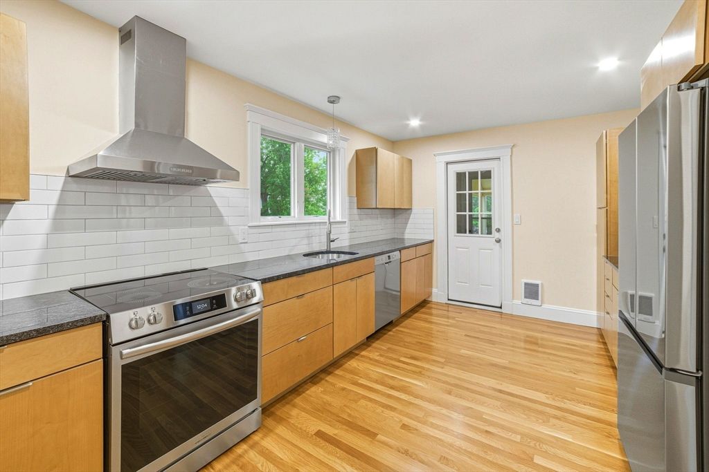 Interior, Kitchen, Pendant Lights, Recessed Lighting, Stainless Steel Appliances, Wood Texture Flooring