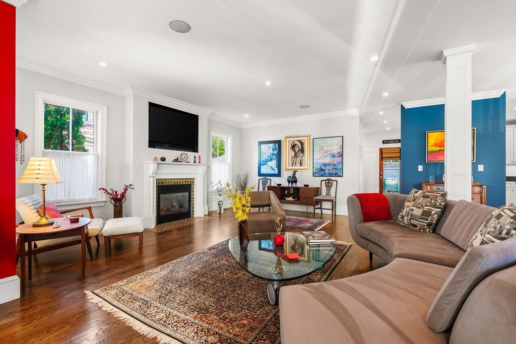 Fireplace, Interior, Living room, Recessed Lighting, Wood Texture Flooring