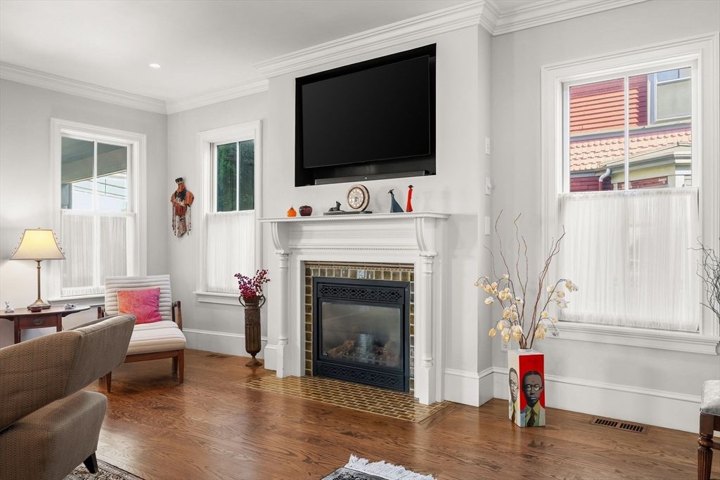 Fireplace, Interior, Recessed Lighting, Wood Texture Flooring