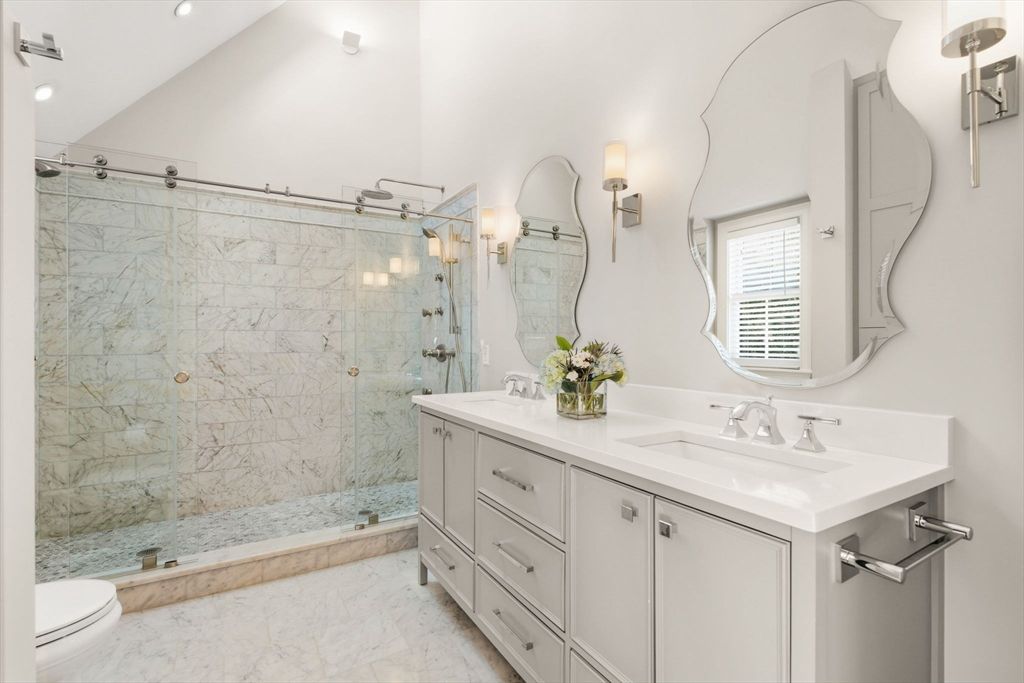Bathroom, Dual Sink Vanities, Glass Shower, Interior, Marble, Marble Walls, Recessed Lighting