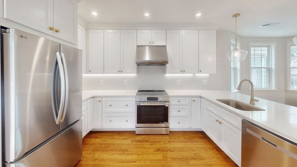 Interior, Kitchen, Pendant Lights, Recessed Lighting, Stainless Steel Appliances, Wood Texture Flooring