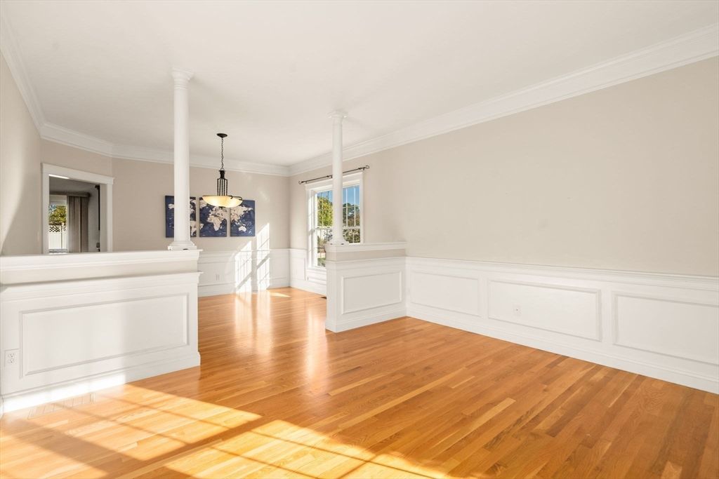 Empty room, Fireplace, Interior, Pendant Lights, Wood Texture Flooring