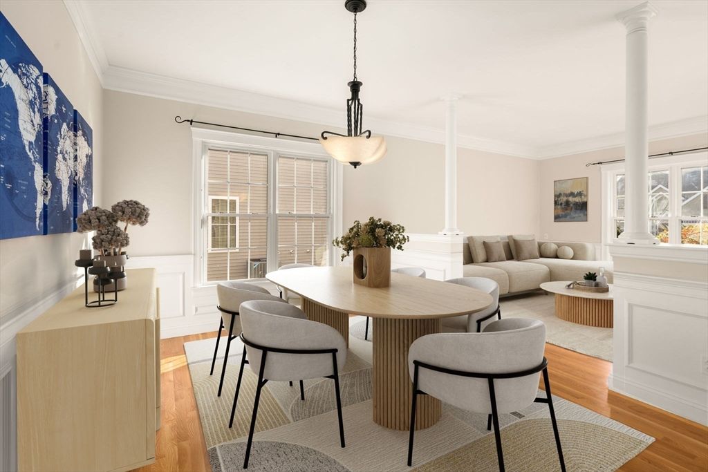 Dining room, Interior, Living room, Pendant Lights, Wood Texture Flooring