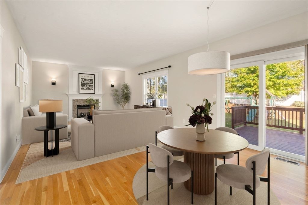 Dining room, Fireplace, Interior, Living room, Pendant Lights, Wood Texture Flooring