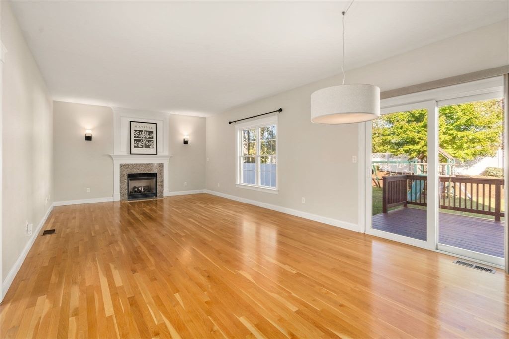 Empty room, Fireplace, Interior, Pendant Lights, Wood Texture Flooring