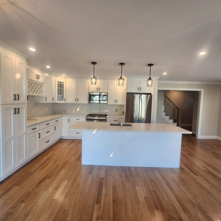 Interior, Kitchen, Pendant Lights, Recessed Lighting, Stainless Steel Appliances, Wood Texture Flooring