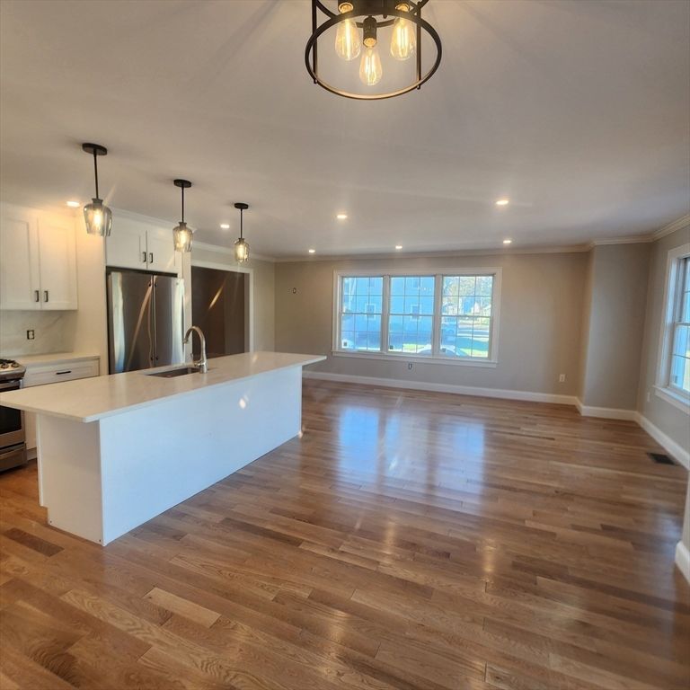 Empty room, Interior, Kitchen, Pendant Lights, Recessed Lighting, Stainless Steel Appliances, Wood Texture Flooring