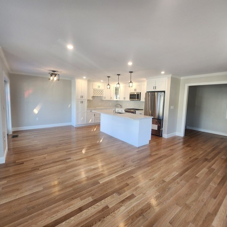 Empty room, Interior, Kitchen, Pendant Lights, Recessed Lighting, Stainless Steel Appliances, Wood Texture Flooring