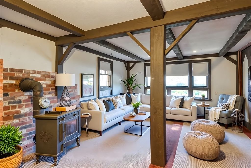 Interior, Living room, Recessed Lighting, Stone Walls, Wooden Beams