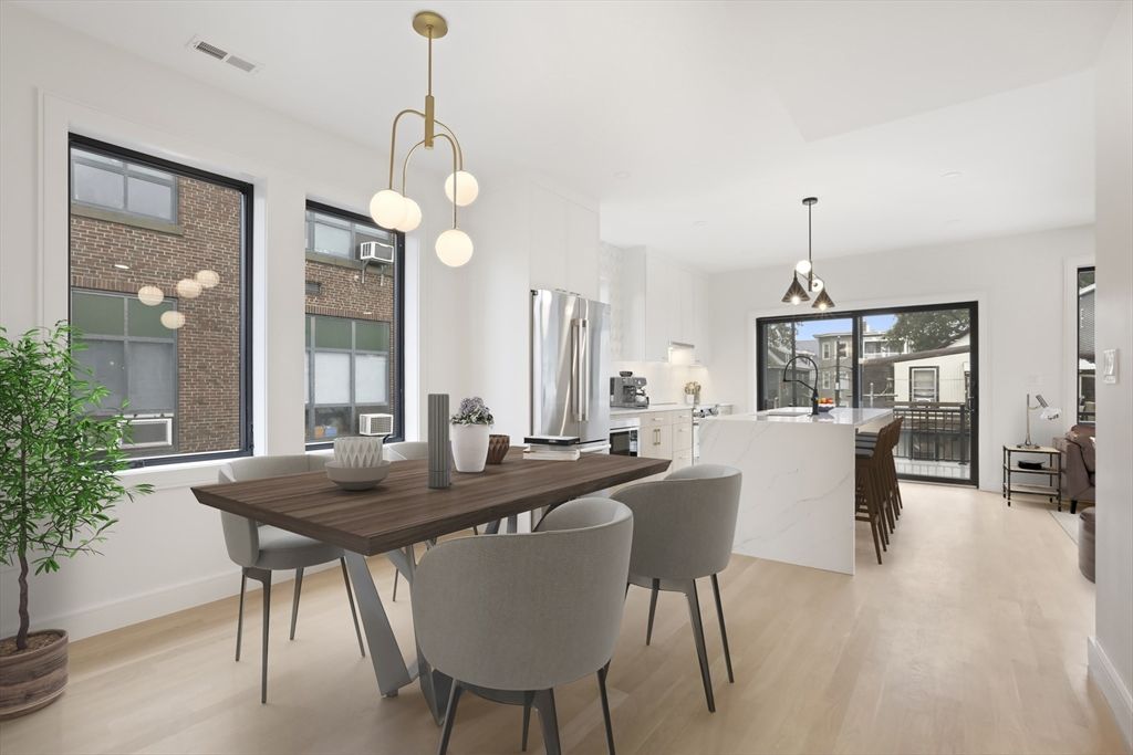 Dining room, Interior, Kitchen, Pendant Lights, Stainless Steel Appliances, Wood Texture Flooring
