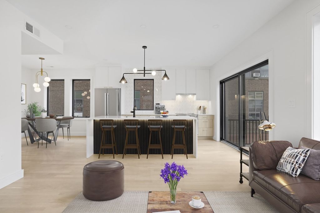 Dining room, Interior, Kitchen, Pendant Lights, Stainless Steel Appliances, Wood Texture Flooring