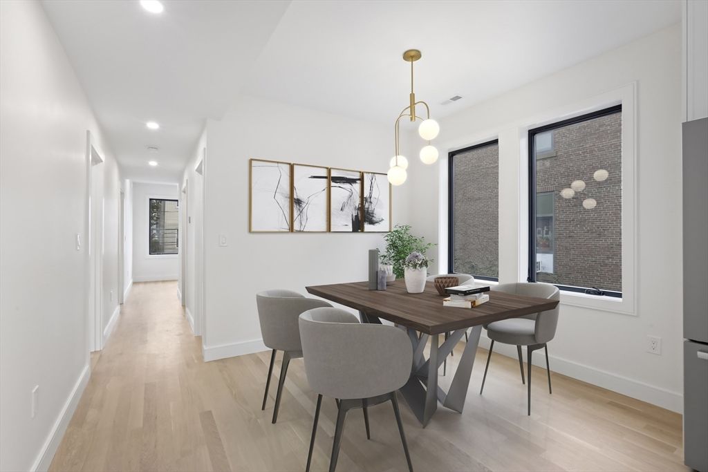 Dining room, Interior, Pendant Lights, Recessed Lighting, Wood Texture Flooring