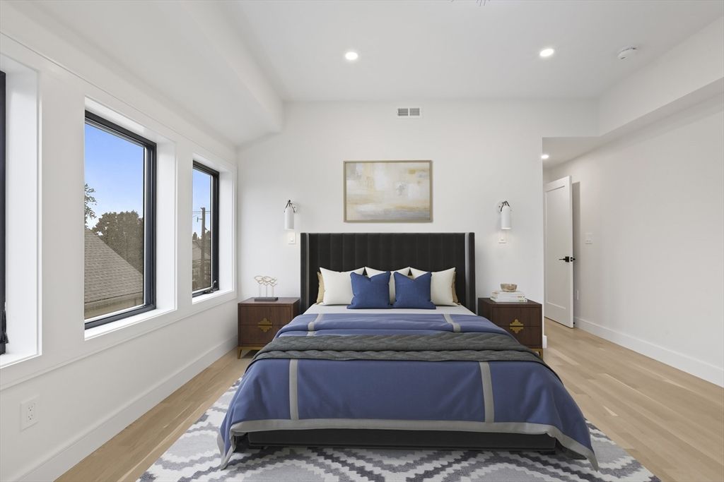 Bedroom, Interior, Recessed Lighting, Wood Texture Flooring