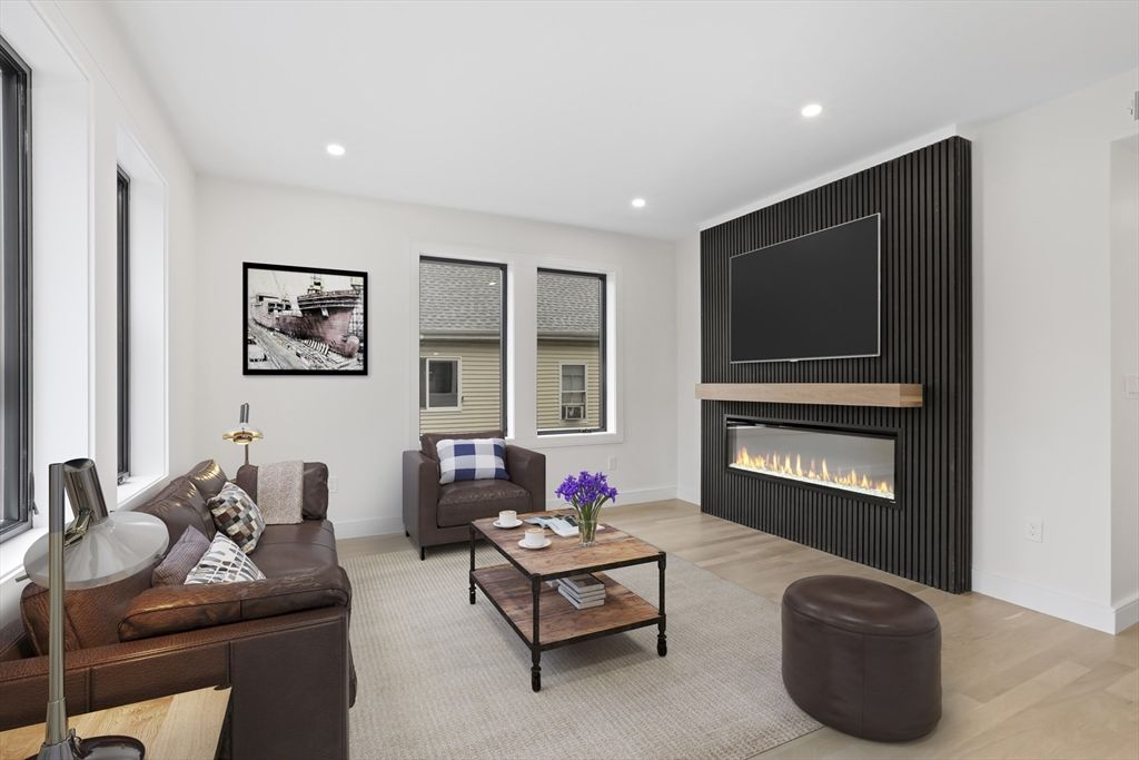 Fireplace, Interior, Living room, Recessed Lighting, Wood Texture Flooring