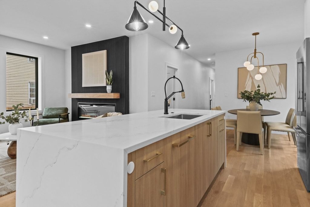 Dining room, Fireplace, Interior, Kitchen, Pendant Lights, Recessed Lighting, Wood Texture Flooring