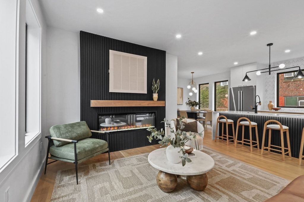 Dining room, Fireplace, Interior, Pendant Lights, Recessed Lighting, Wood Texture Flooring