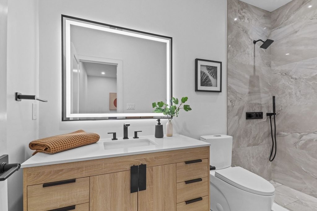 Bathroom, Glass Shower, Interior, Marble Walls, Recessed Lighting