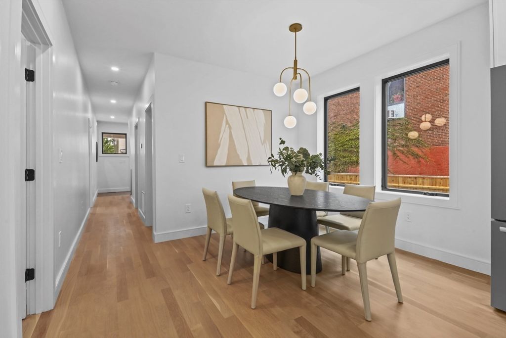 Dining room, Interior, Pendant Lights, Recessed Lighting, Wood Texture Flooring
