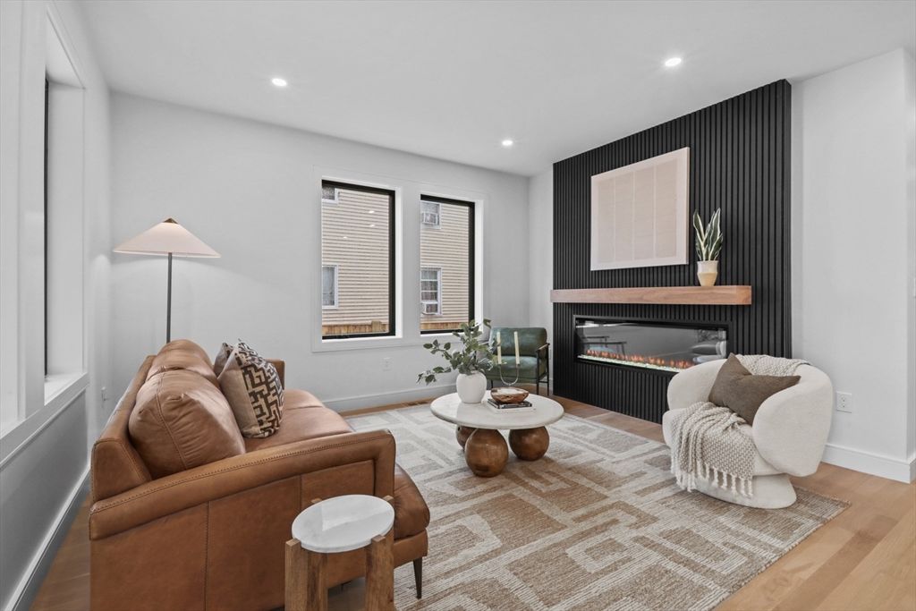 Fireplace, Interior, Living room, Recessed Lighting, Wood Texture Flooring