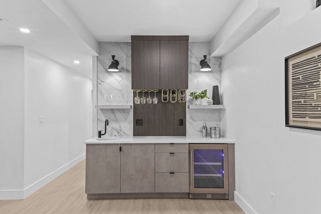 Interior, Marble Walls, Recessed Lighting, Wood Texture Flooring