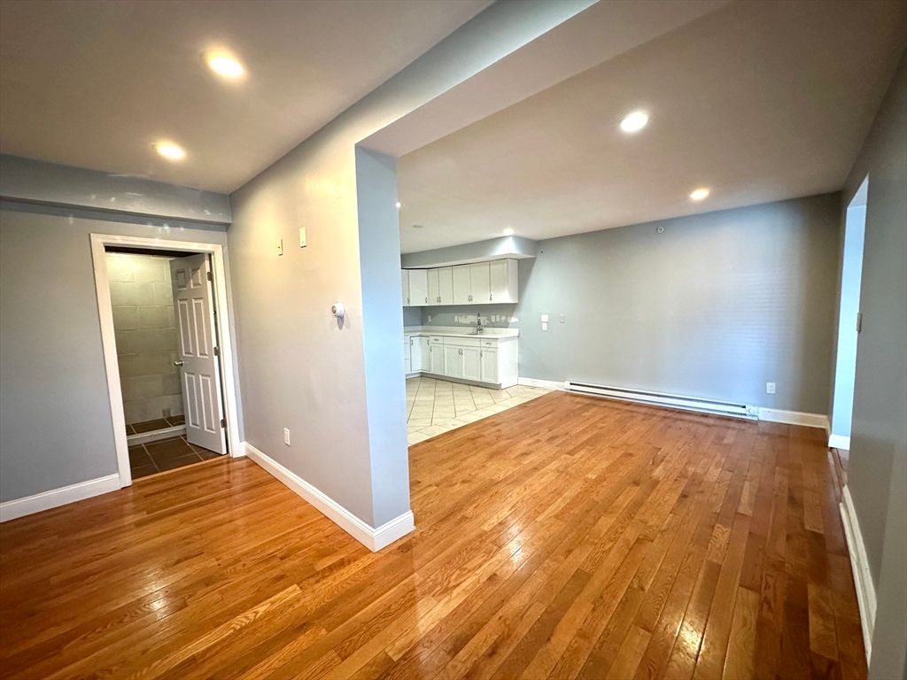 Empty room, Interior, Kitchen, Recessed Lighting, Wood Texture Flooring